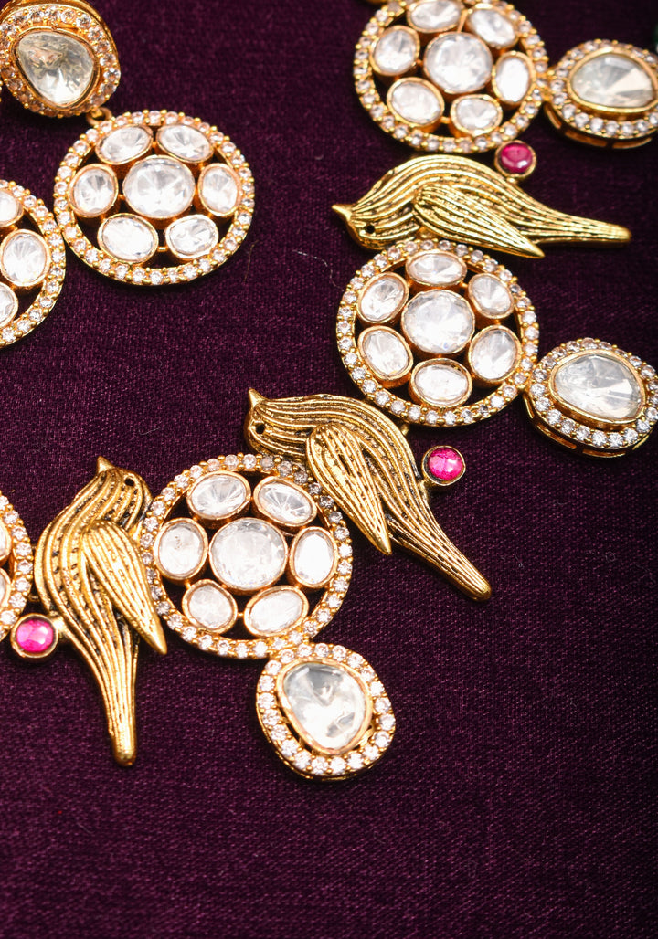 Moissanite Mandalas and Flying Sparrows - Exquisite Dull Gold Tone Necklace and earrings set