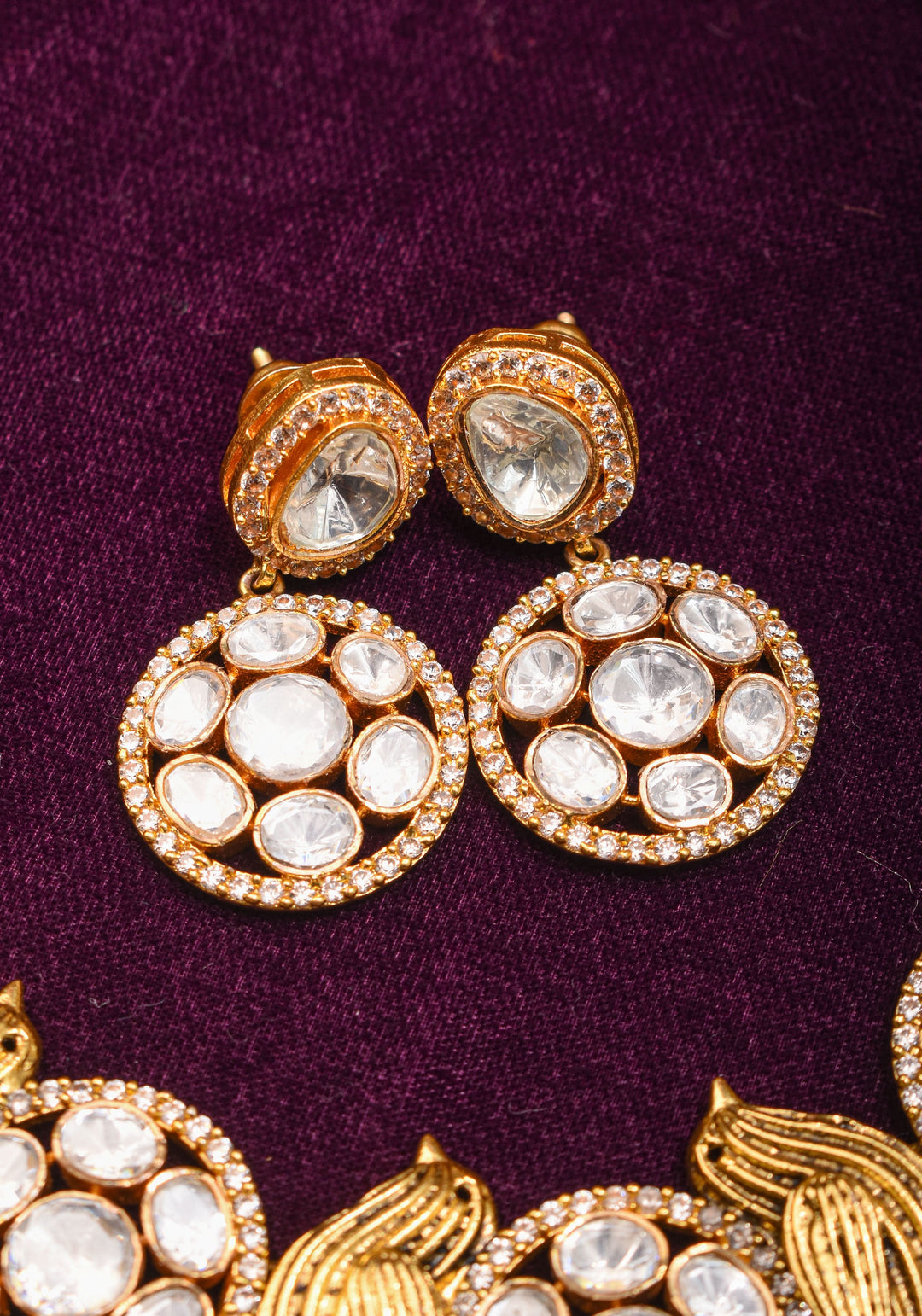 Moissanite Mandalas and Flying Sparrows - Exquisite Dull Gold Tone Necklace and earrings set