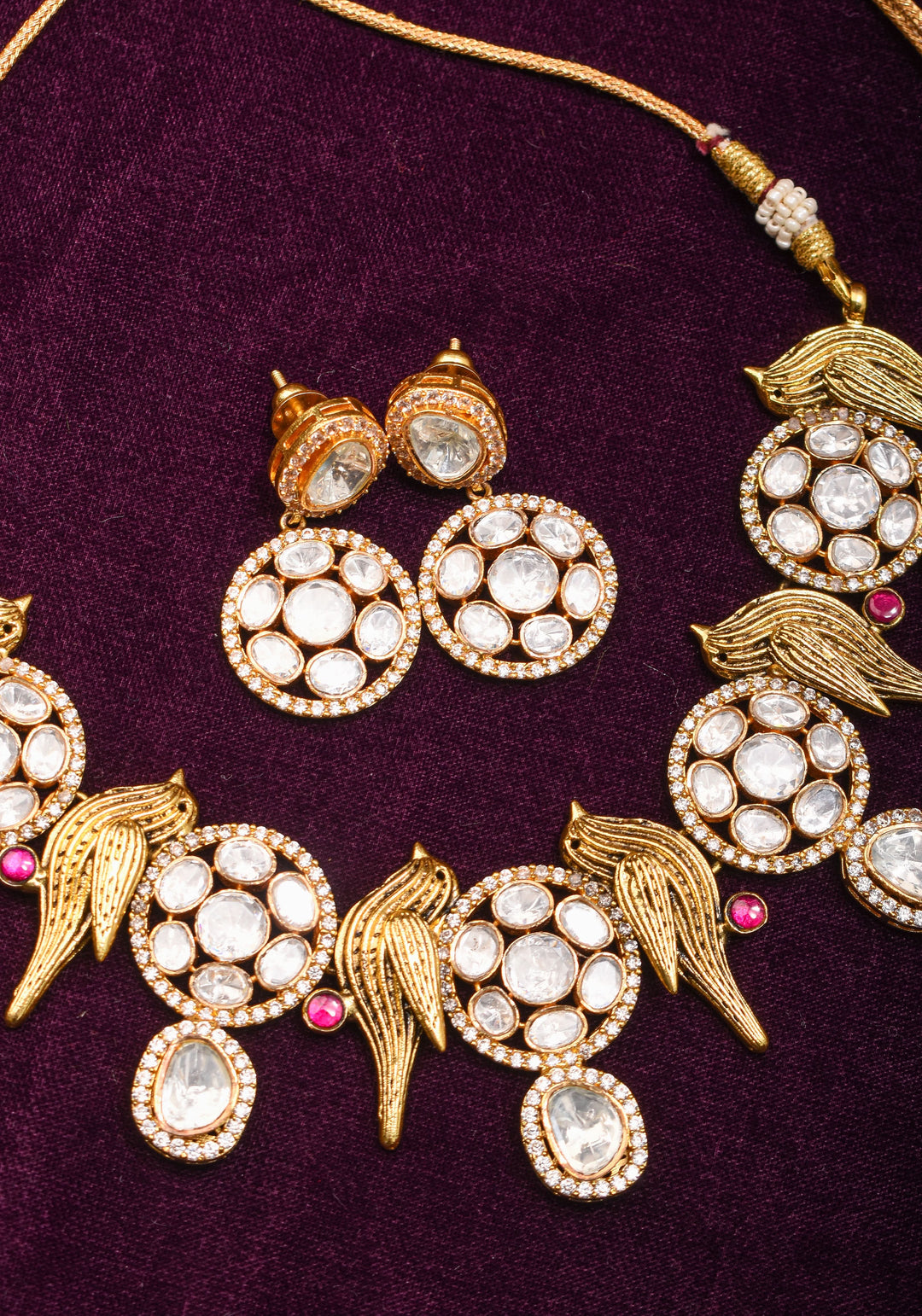 Moissanite Mandalas and Flying Sparrows - Exquisite Dull Gold Tone Necklace and earrings set