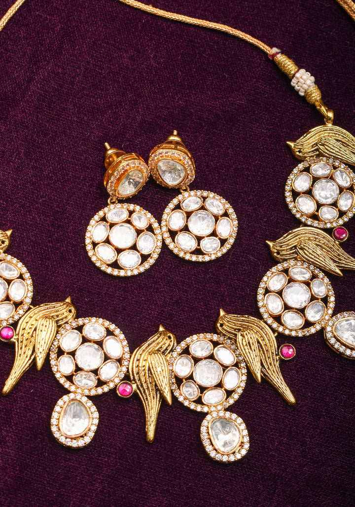 Moissanite Mandalas and Flying Sparrows - Exquisite Dull Gold Tone Necklace and earrings set