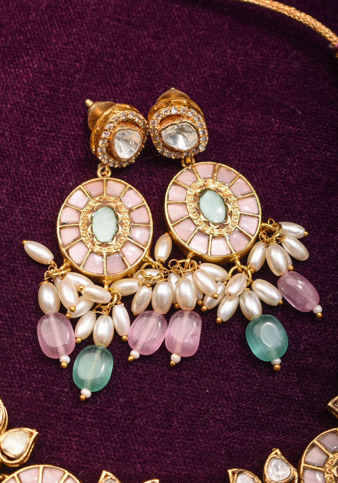 Ahmedabadi Jadau Necklace Set with White kundan stones and dangling beads  | Shobitam Jewelry