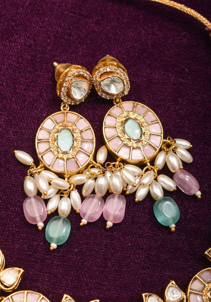 Ahmedabadi Jadau Necklace Set with White kundan stones and dangling beads  | Shobitam Jewelry