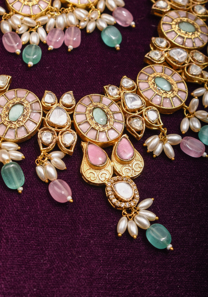 Ahmedabadi Jadau Necklace Set with White kundan stones and dangling beads  | Shobitam Jewelry