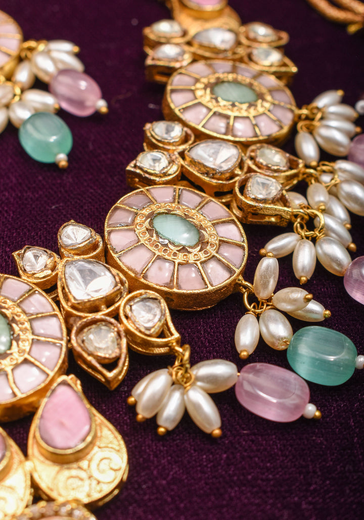 Ahmedabadi Jadau Necklace Set with White kundan stones and dangling beads  | Shobitam Jewelry