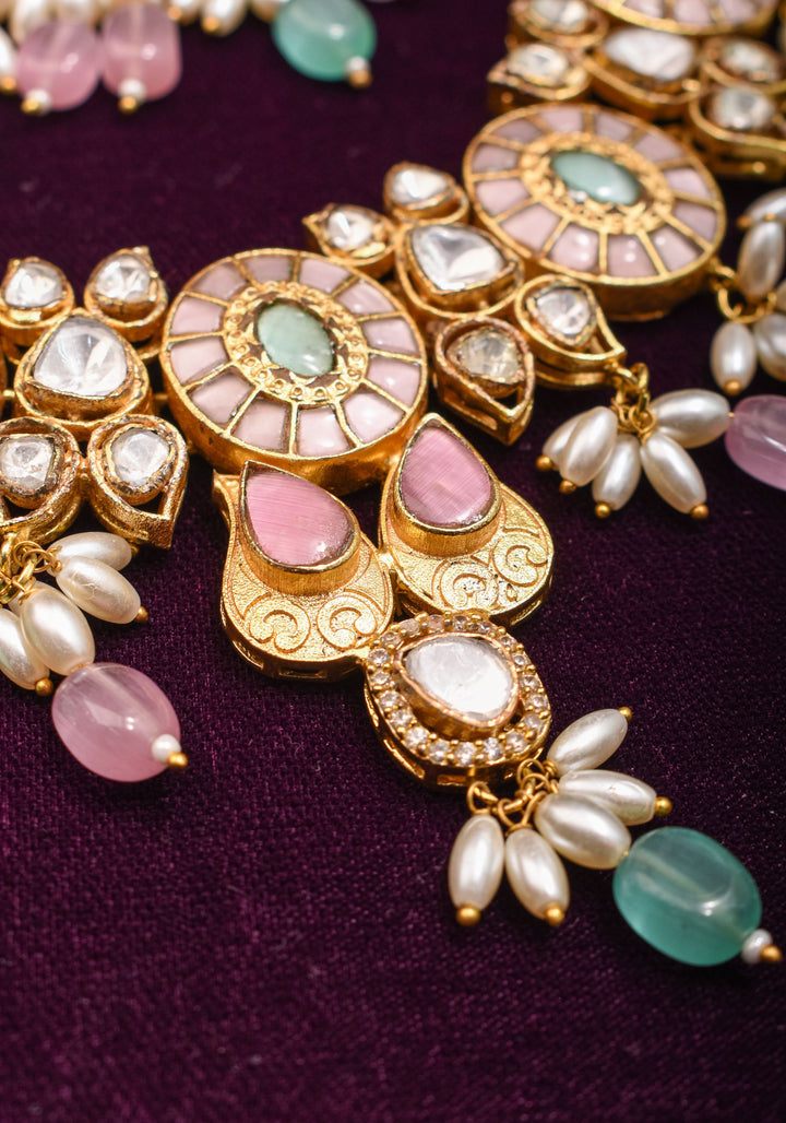 Ahmedabadi Jadau Necklace Set with White kundan stones and dangling beads  | Shobitam Jewelry