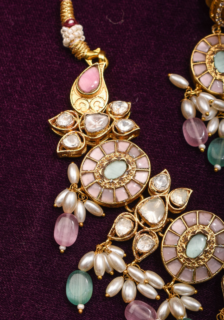 Ahmedabadi Jadau Necklace Set with White kundan stones and dangling beads  | Shobitam Jewelry