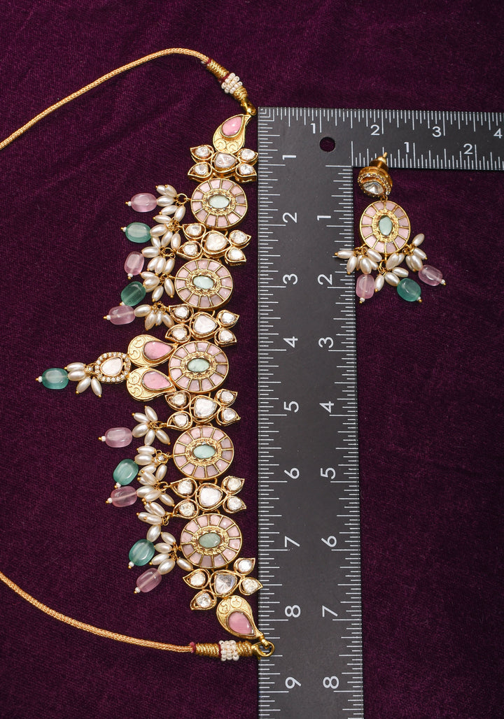 Ahmedabadi Jadau Necklace Set with White kundan stones and dangling beads  | Shobitam Jewelry