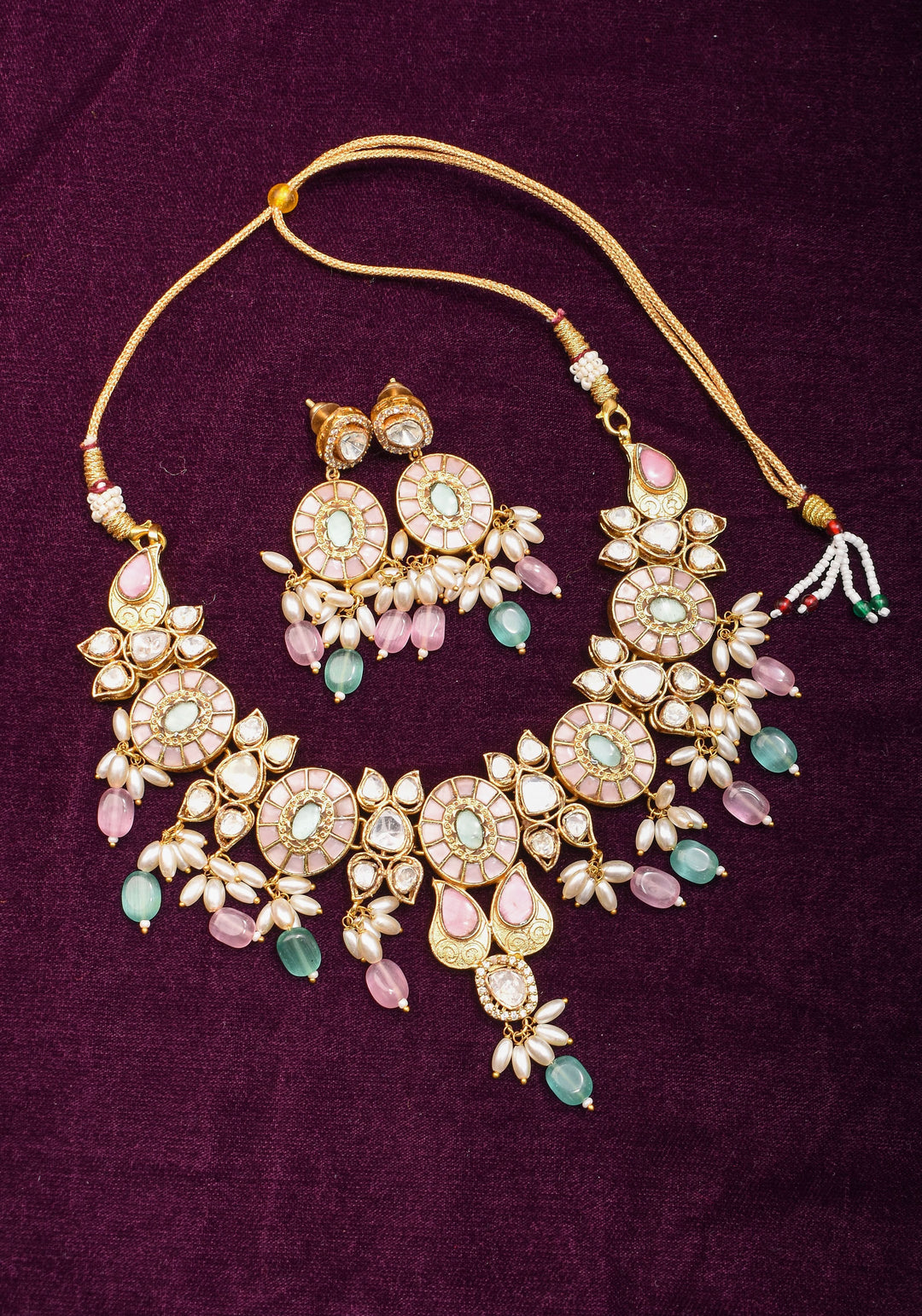 Ahmedabadi Jadau Necklace Set with White kundan stones and dangling beads  | Shobitam Jewelry