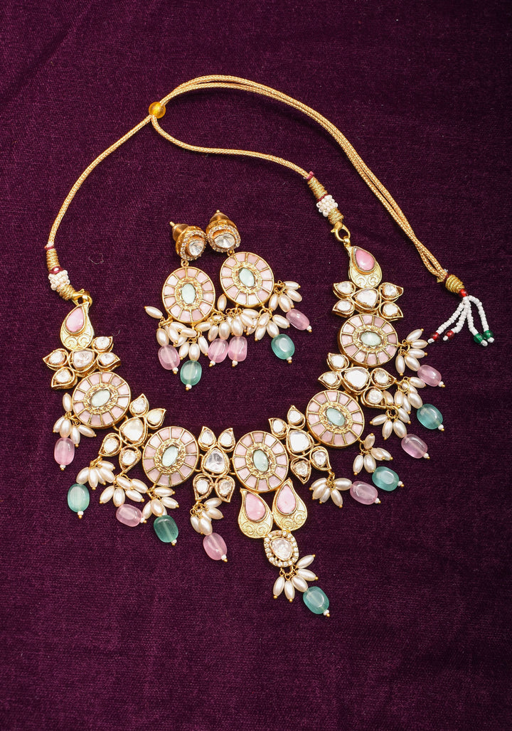 Ahmedabadi Jadau Necklace Set with White kundan stones and dangling beads  | Shobitam Jewelry