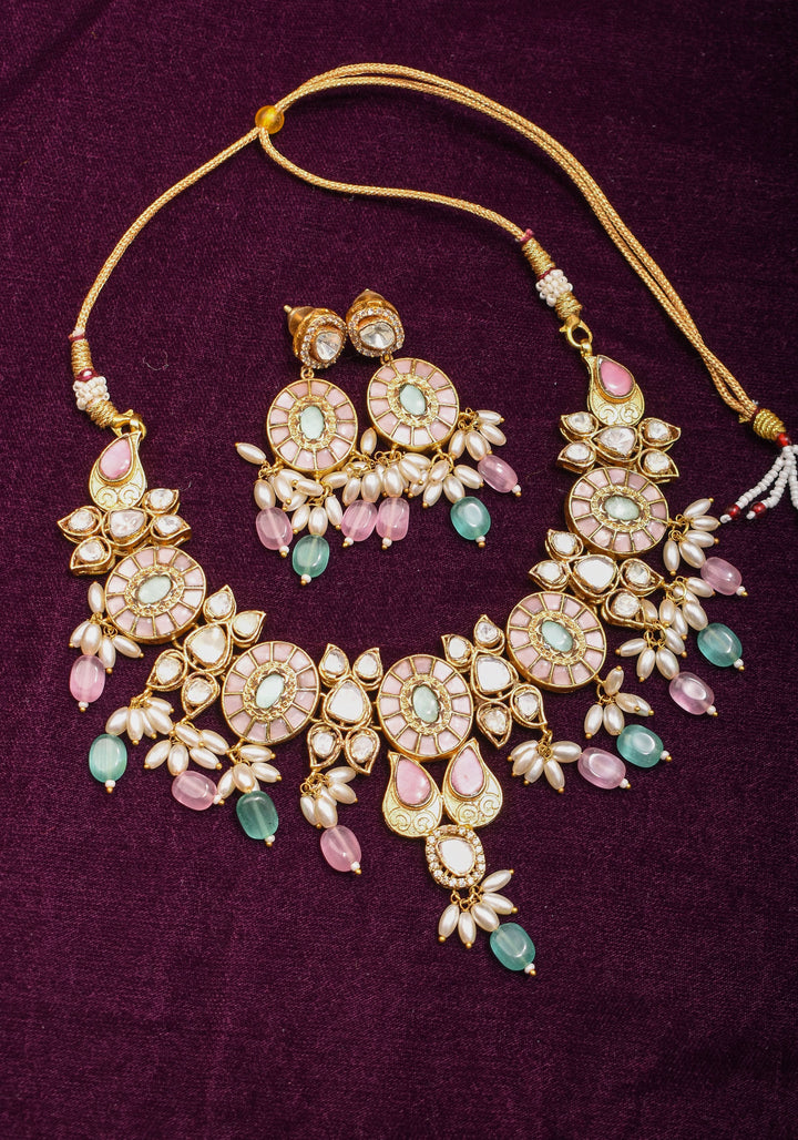 Ahmedabadi Jadau Necklace Set with White kundan stones and dangling beads  | Shobitam Jewelry