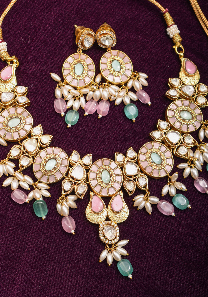 Ahmedabadi Jadau Necklace Set with White kundan stones and dangling beads  | Shobitam Jewelry