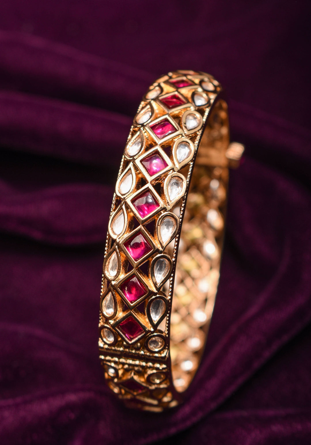White and Pink Kemp Stone Studded Openable kada - Single Piece |Shobitam Jewelry