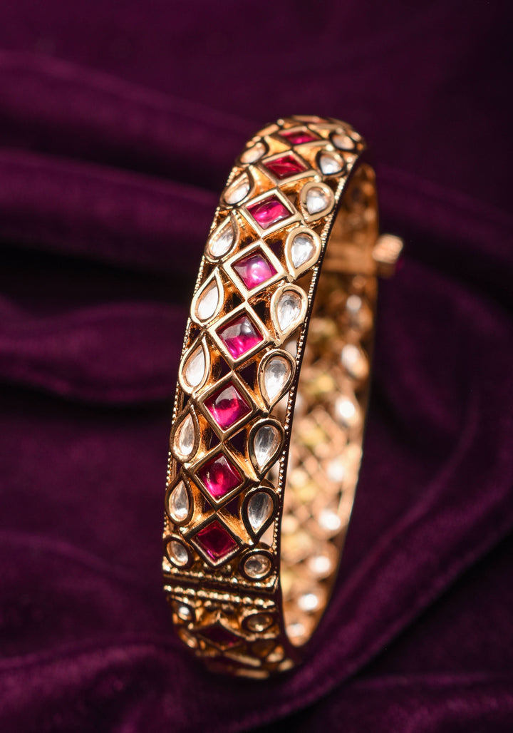 White and Pink Kemp Stone Studded Openable kada - Single Piece |Shobitam Jewelry