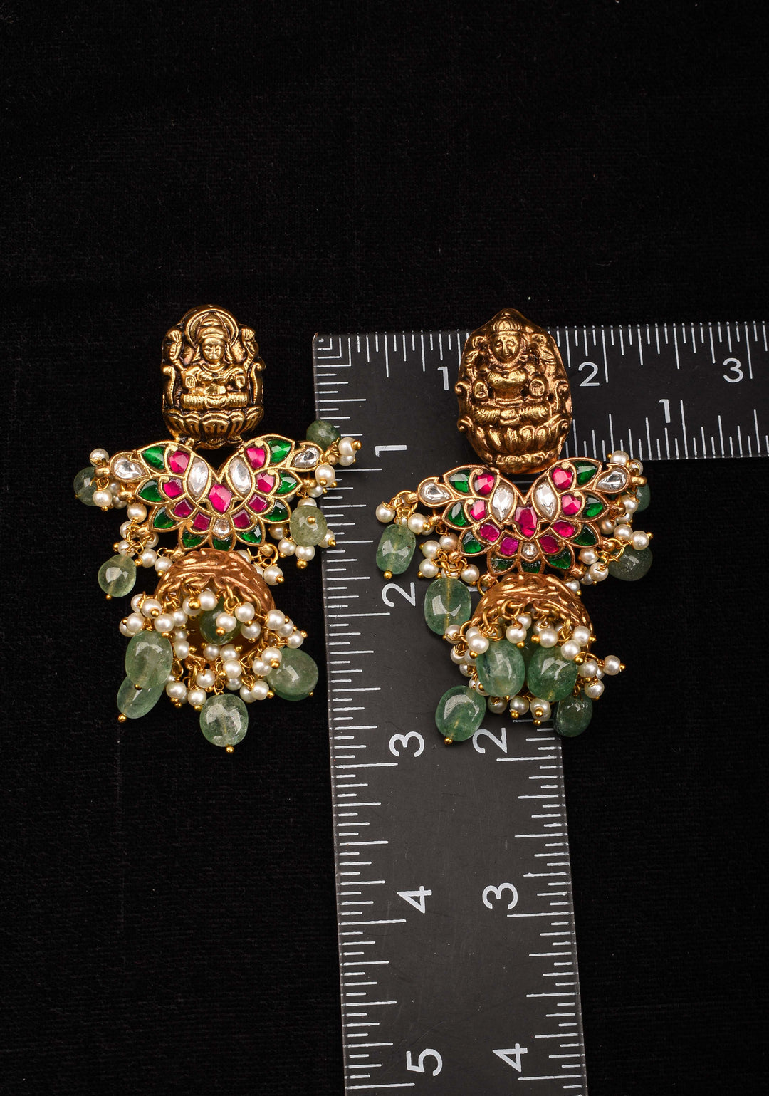 Celebrity Jadau Lakshmi Jhumkas with Dangling Beads  | Shobitam Jewelry