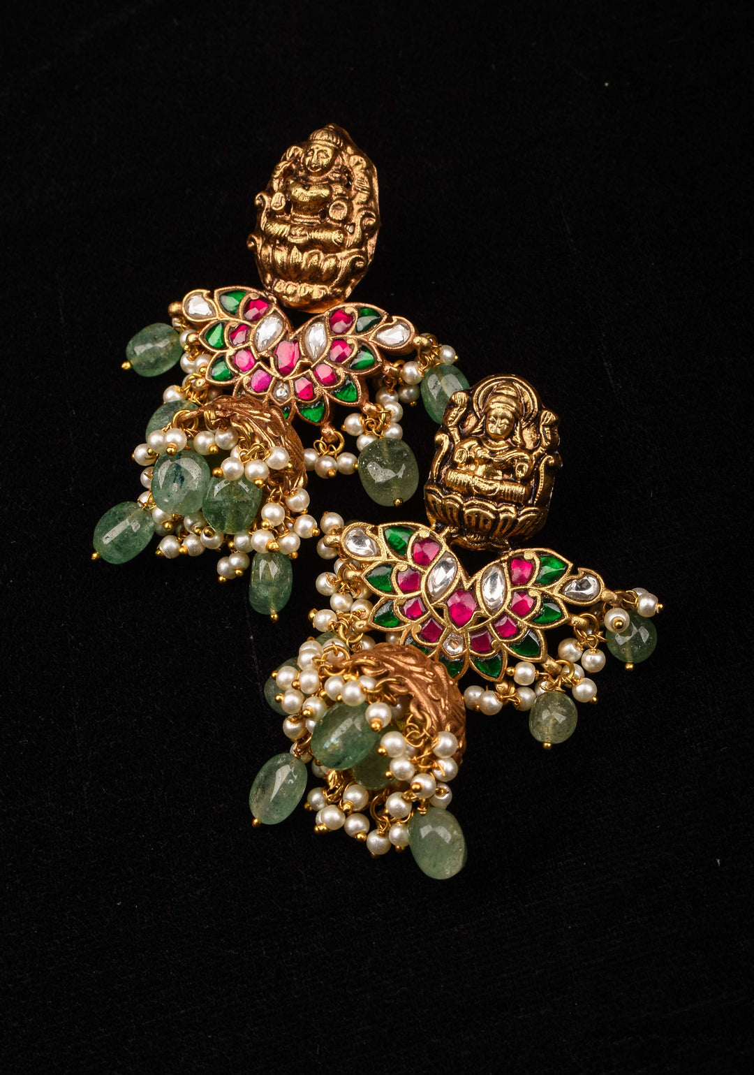 Celebrity Jadau Lakshmi Jhumkas with Dangling Beads  | Shobitam Jewelry