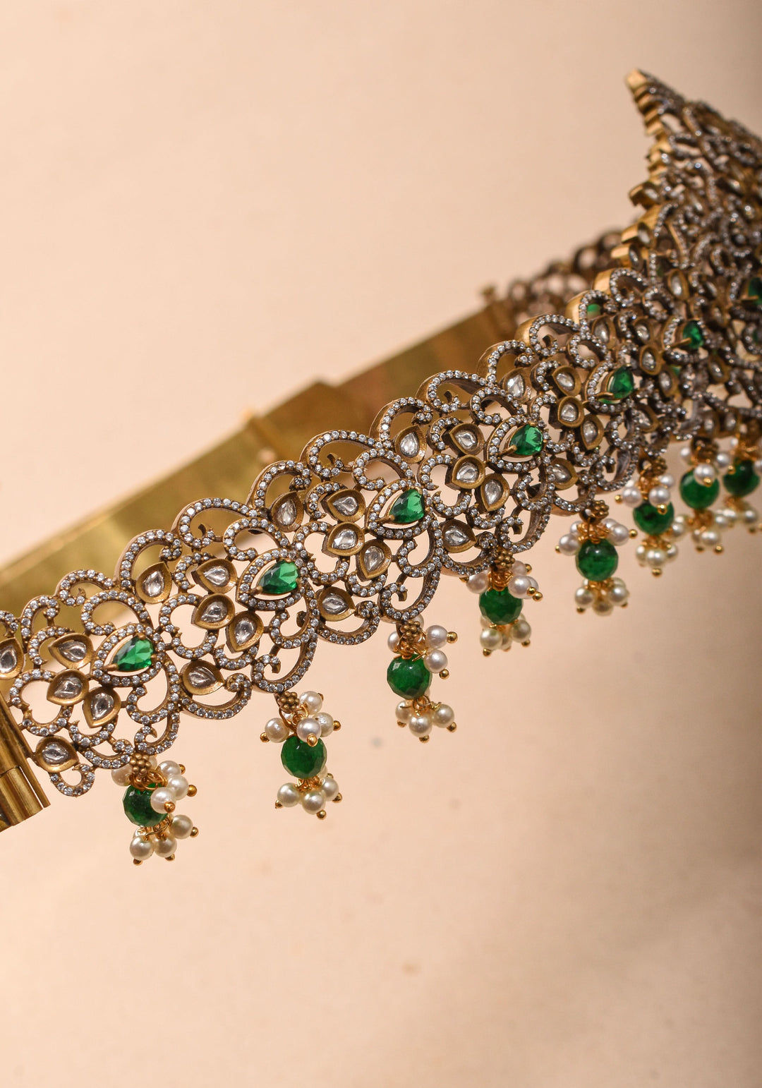 Waist Belt with CZ and green stones in Victorian Finish