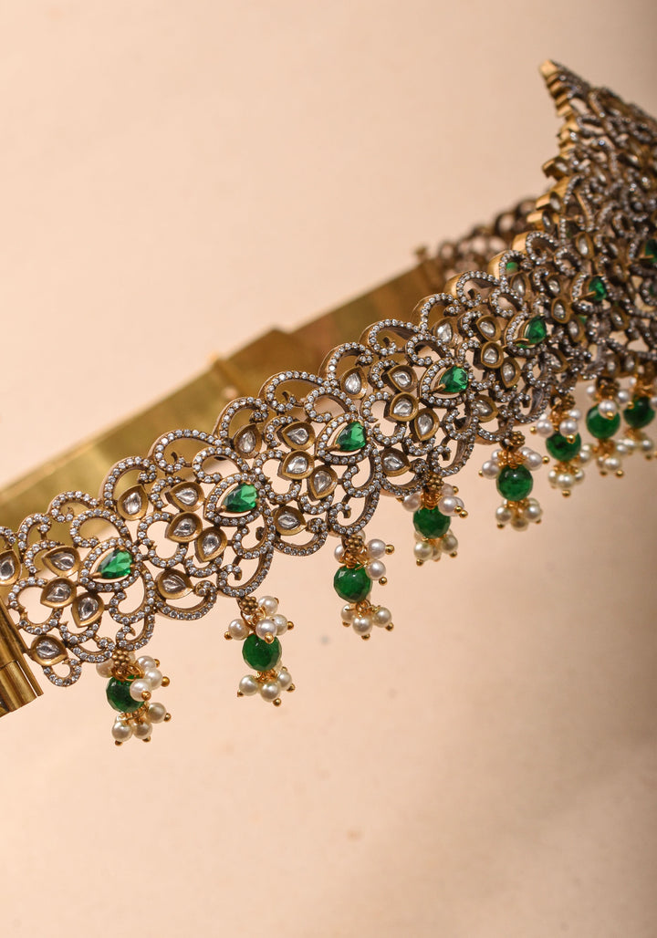 Waist Belt with CZ and green stones in Victorian Finish