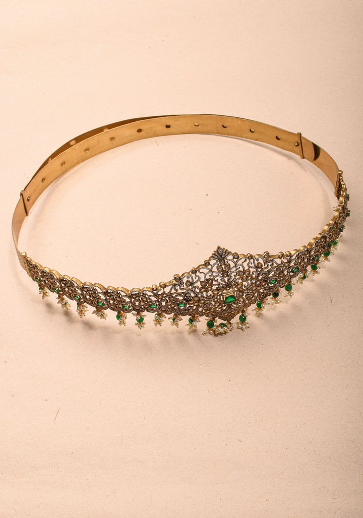 Waist Belt with CZ and green stones in Victorian Finish