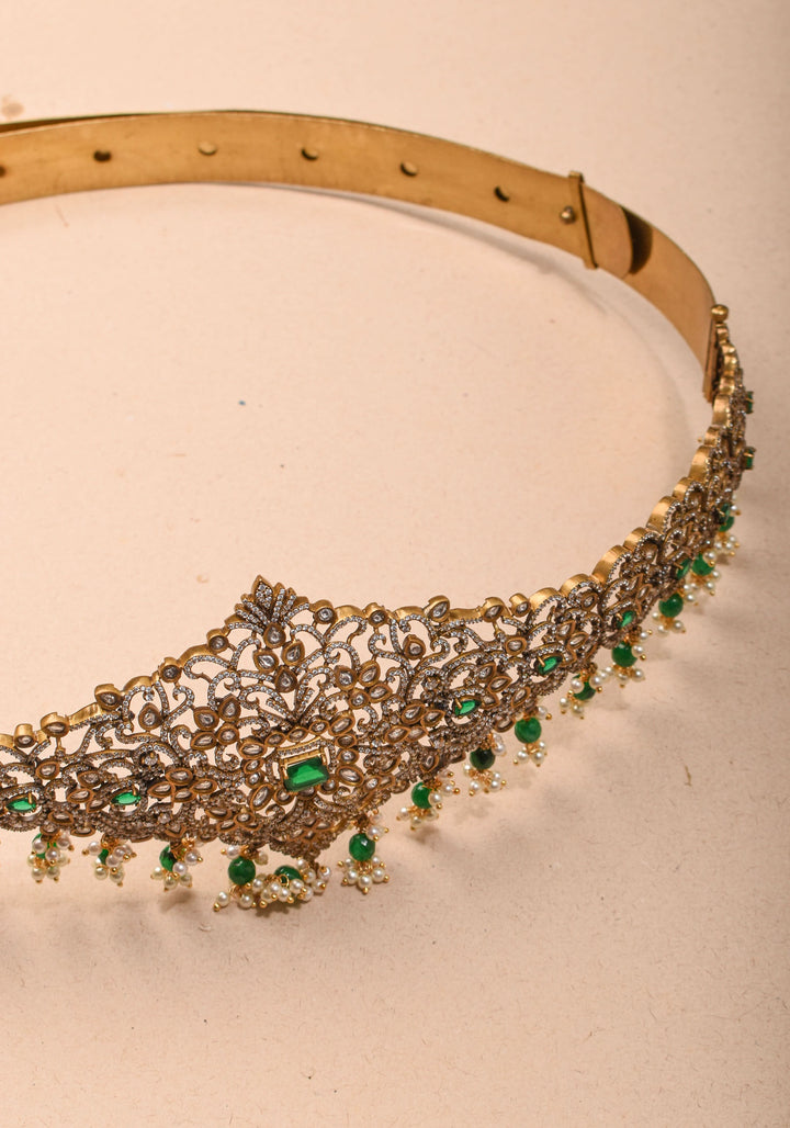 Waist Belt with CZ and green stones in Victorian Finish