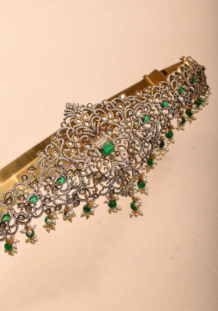 Waist Belt with CZ and green stones in Victorian Finish