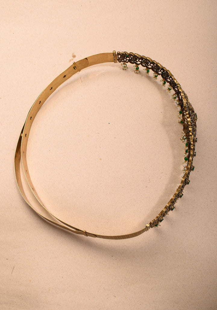 Waist Belt with CZ and green stones in Victorian Finish