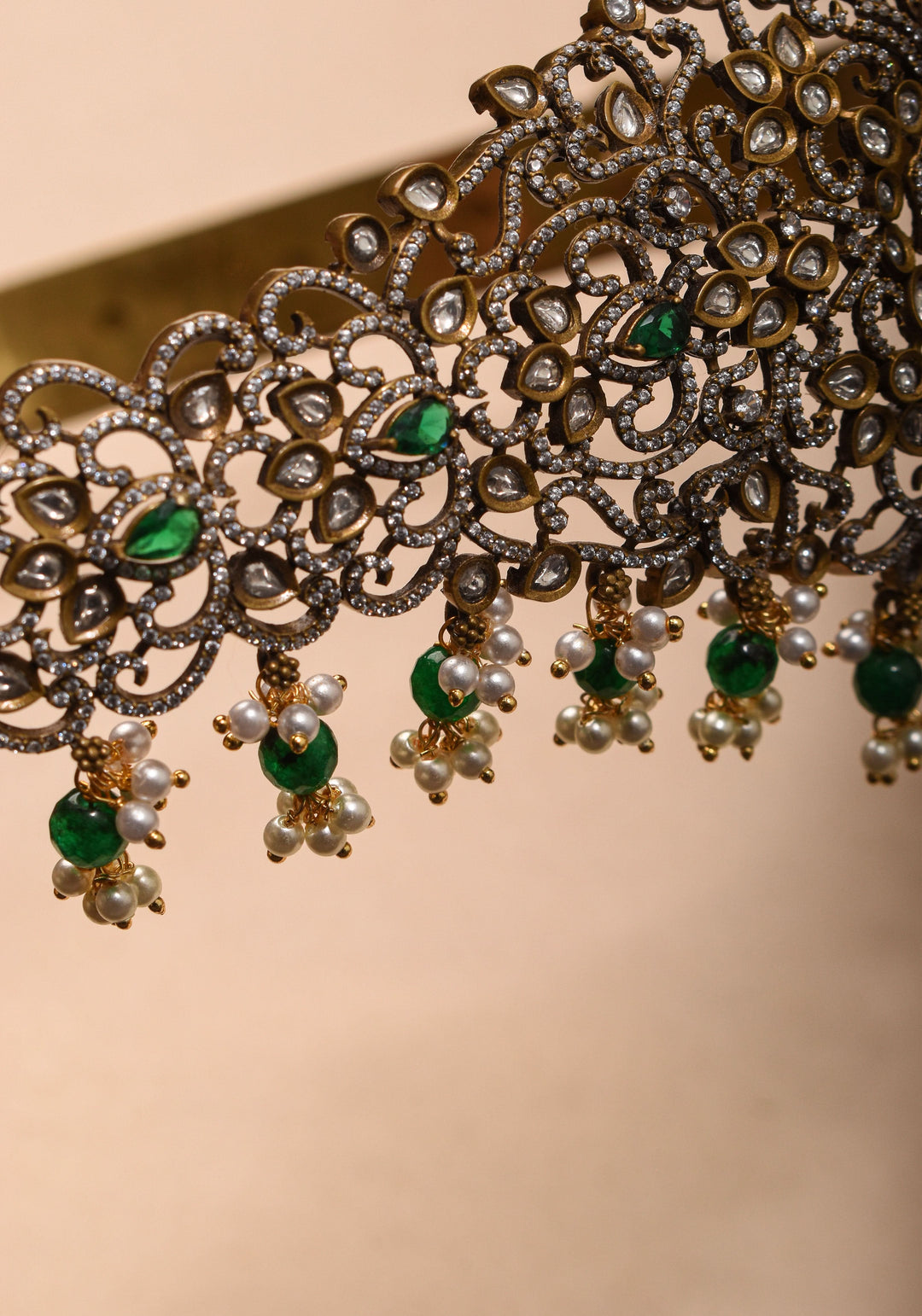 Waist Belt with CZ and green stones in Victorian Finish