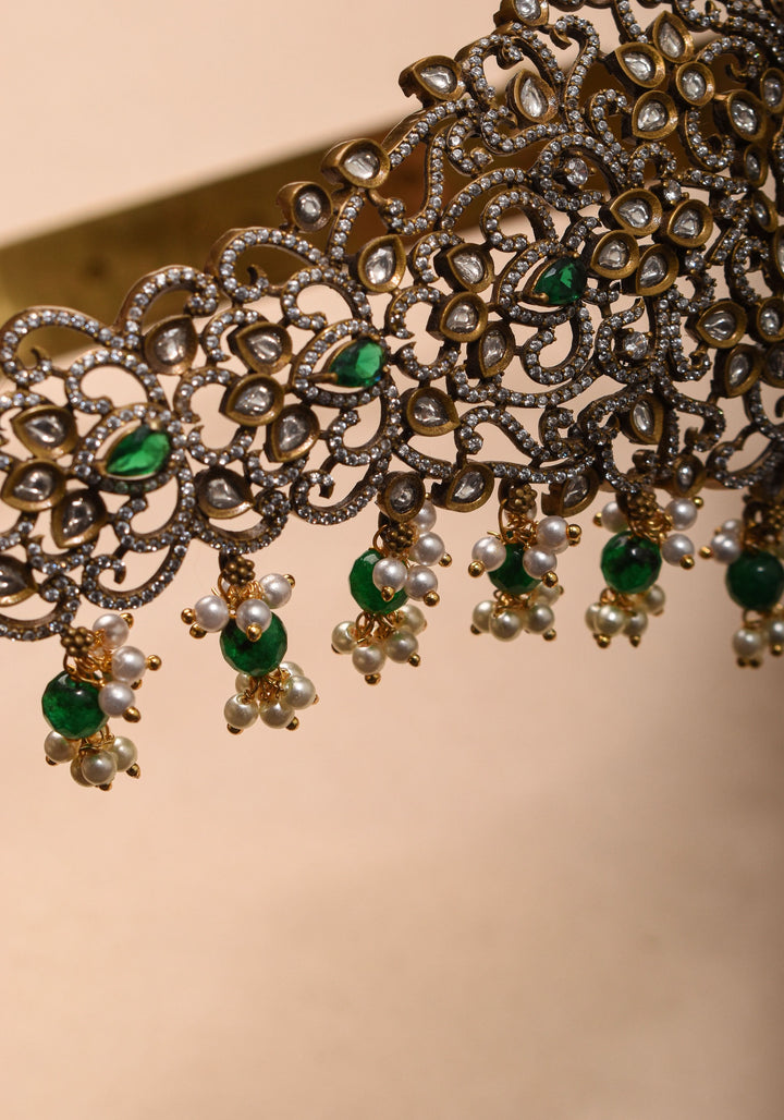 Waist Belt with CZ and green stones in Victorian Finish