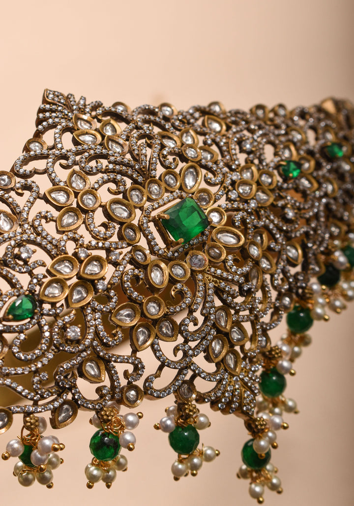 Waist Belt with CZ and green stones in Victorian Finish