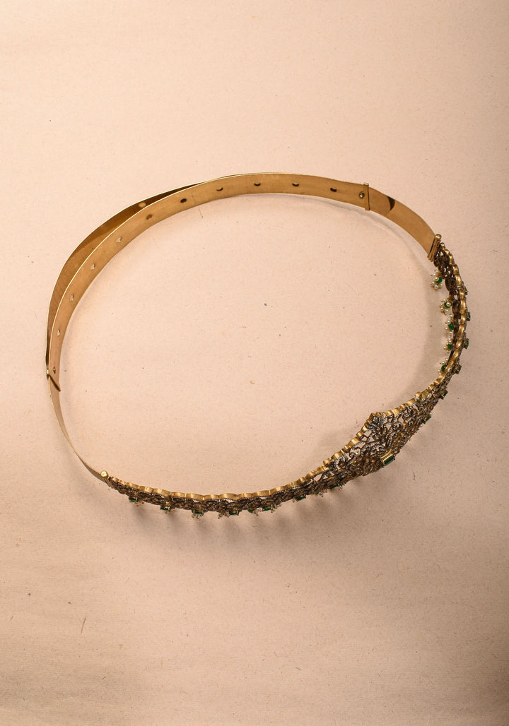 Waist Belt with CZ and green stones in Victorian Finish