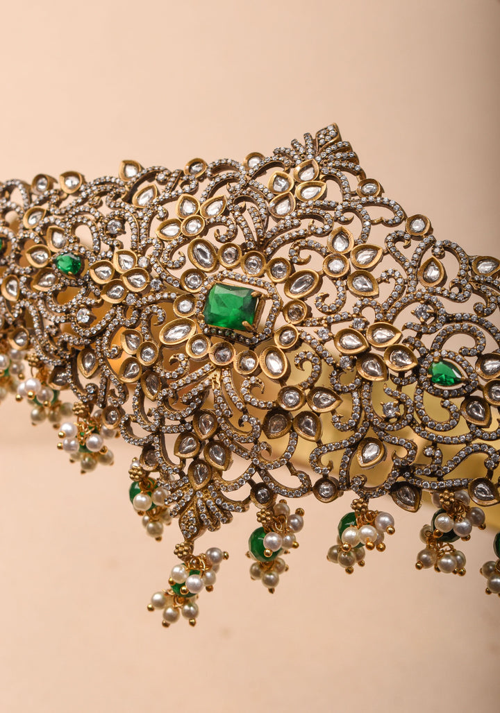 Waist Belt with CZ and green stones in Victorian Finish