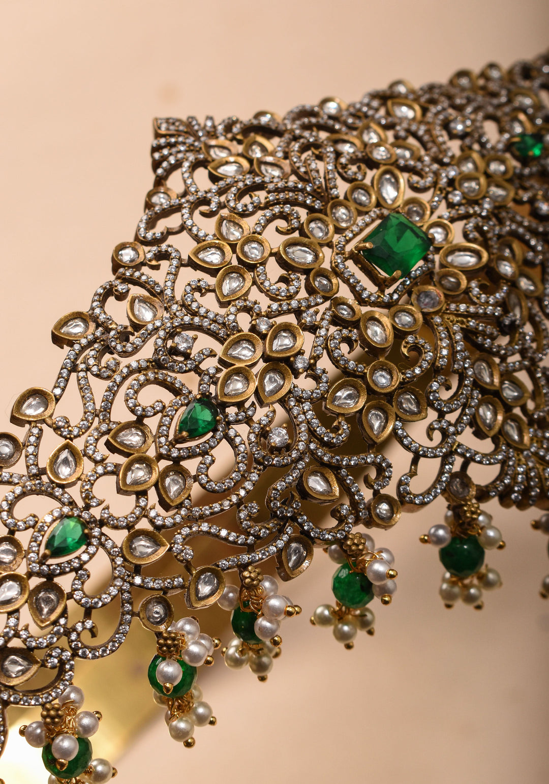 Waist Belt with CZ and green stones in Victorian Finish