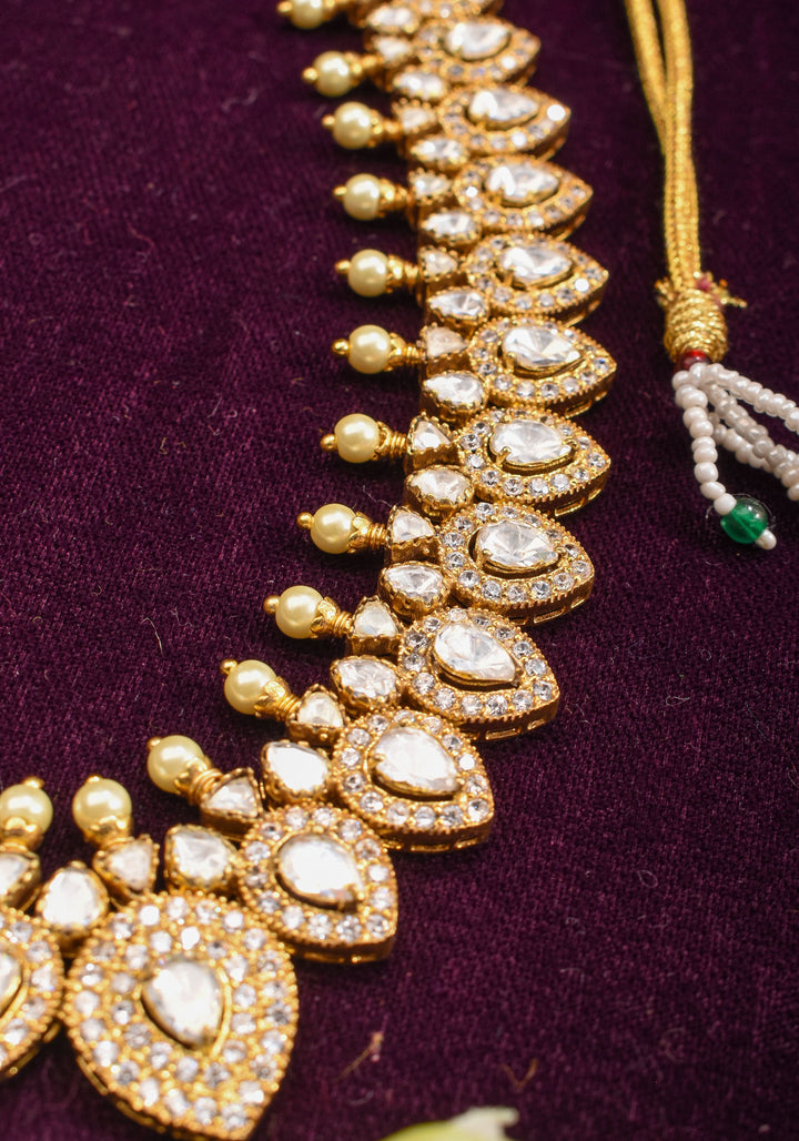 Leaf necklace with white stones, No earring