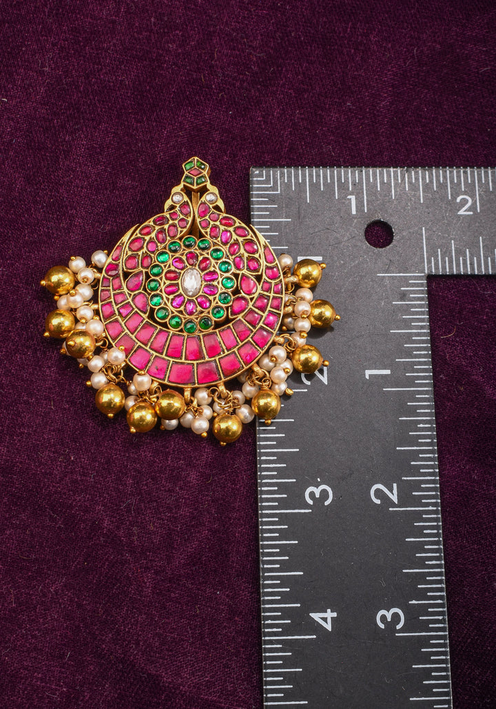 Twin Peacock design Jadau Kundan with Kemp Stone and Beads Detailing Pendant