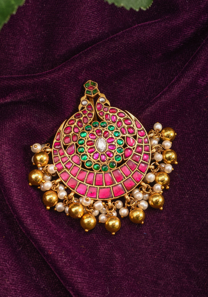 Twin Peacock design Jadau Kundan with Kemp Stone and Beads Detailing Pendant