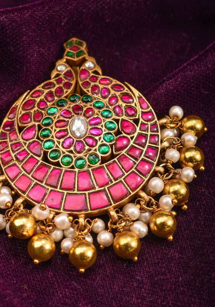 Twin Peacock design Jadau Kundan with Kemp Stone and Beads Detailing Pendant