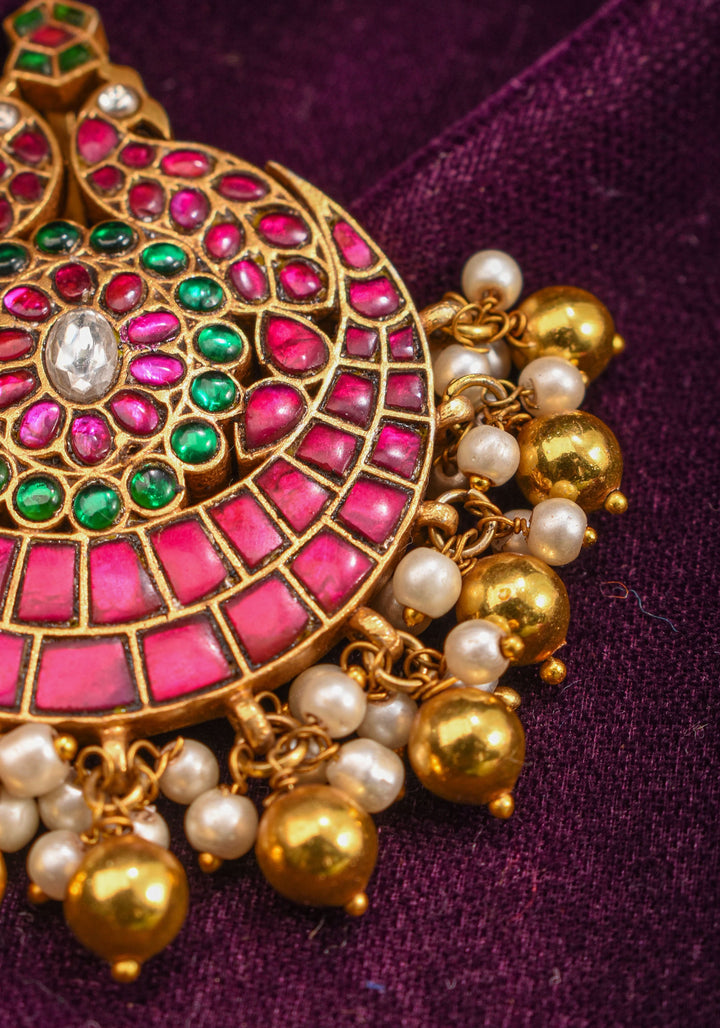 Twin Peacock design Jadau Kundan with Kemp Stone and Beads Detailing Pendant