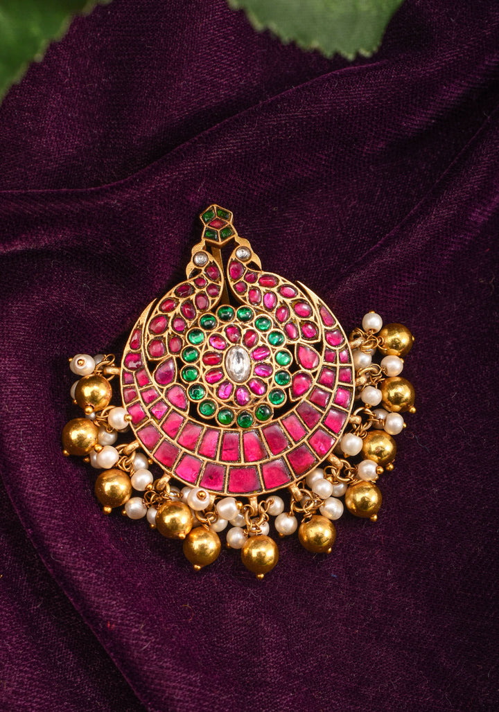 Twin Peacock design Jadau Kundan with Kemp Stone and Beads Detailing Pendant