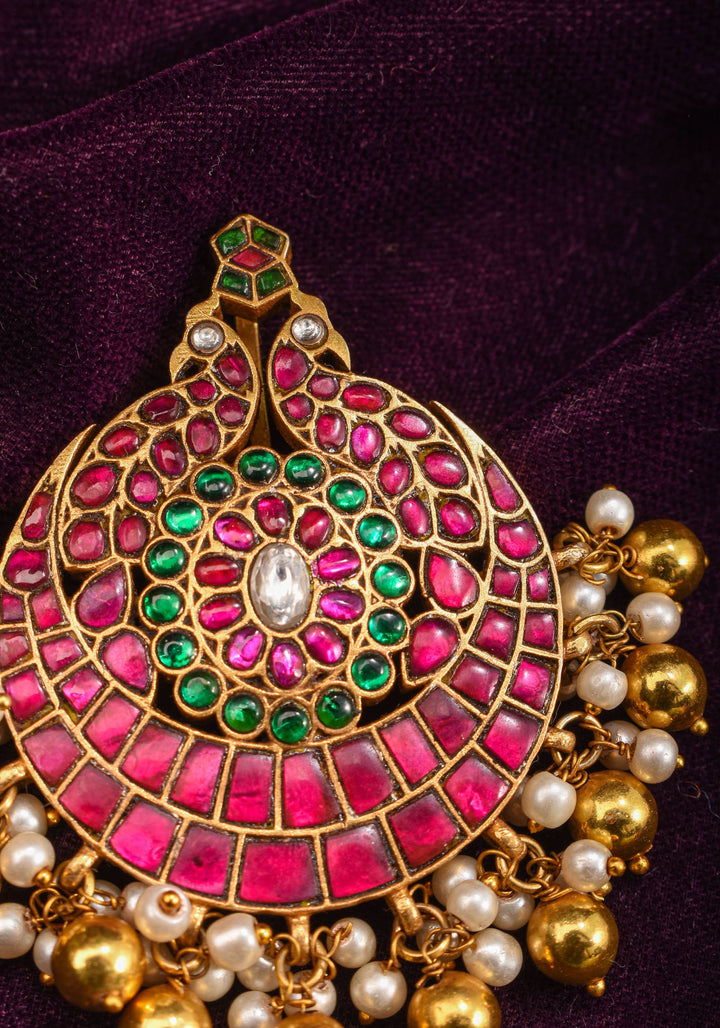 Twin Peacock design Jadau Kundan with Kemp Stone and Beads Detailing Pendant