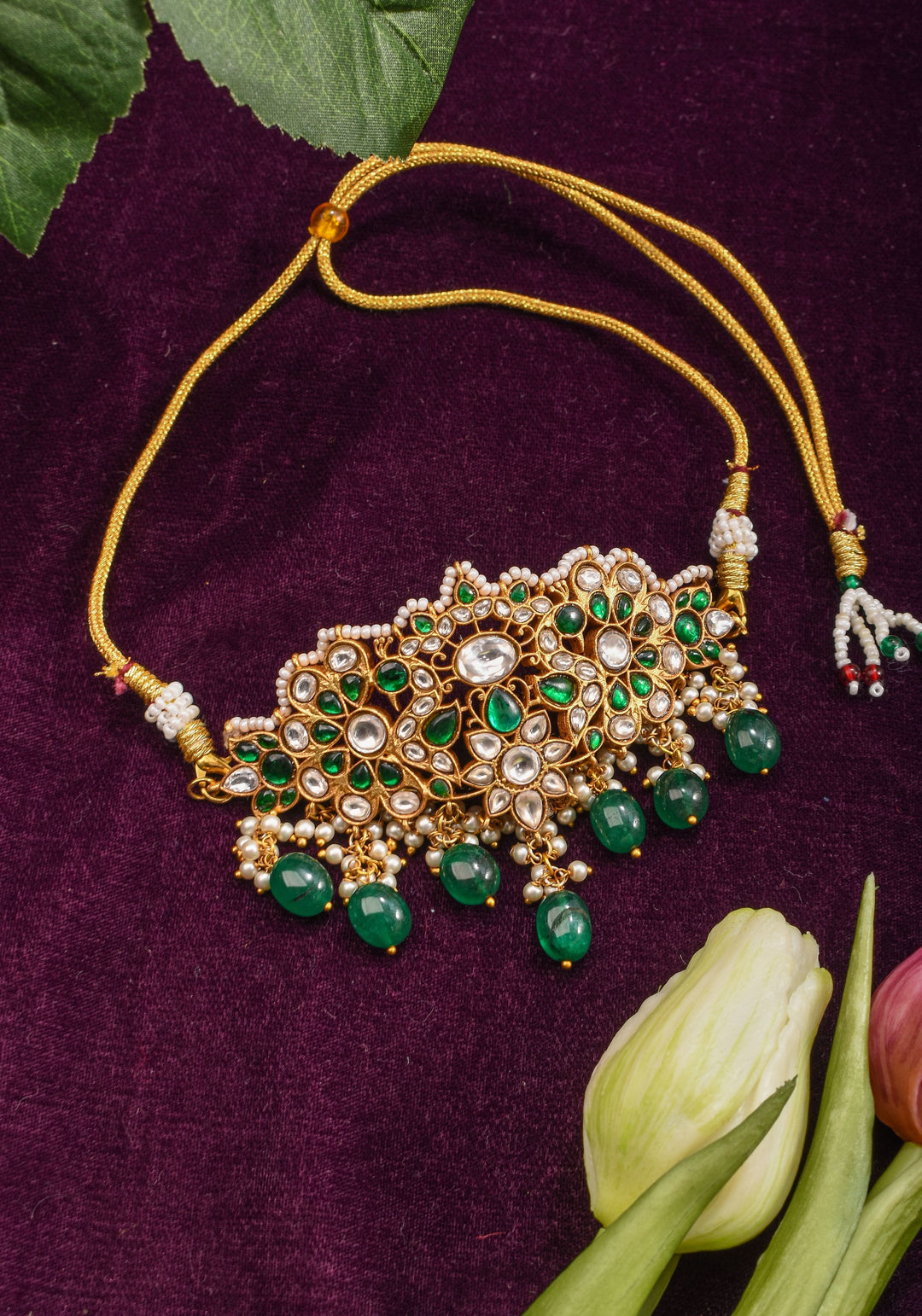 Ahmendabadi  Kundan Mini  Choker with Green dangling Beads | Shobitam Jewelry
