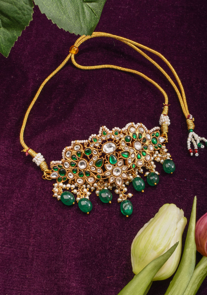 Ahmendabadi  Kundan Mini  Choker with Green dangling Beads | Shobitam Jewelry