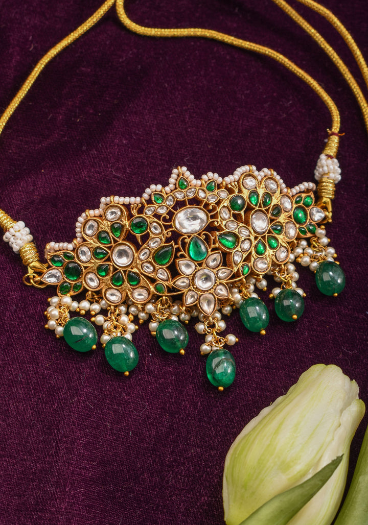 Ahmendabadi  Kundan Mini  Choker with Green dangling Beads | Shobitam Jewelry