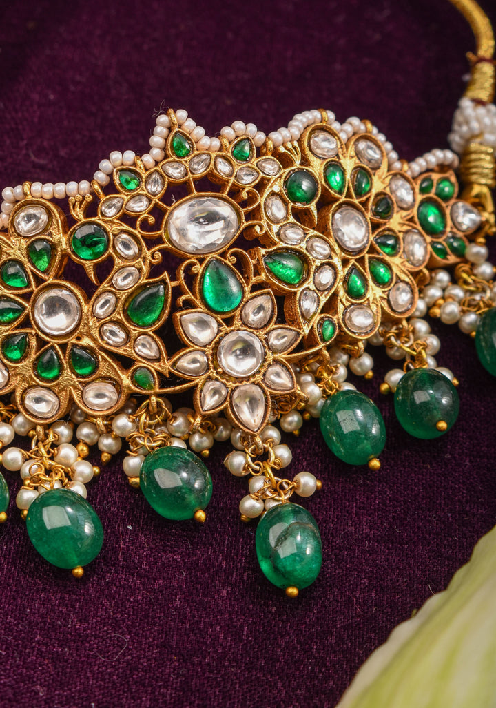 Ahmendabadi  Kundan Mini  Choker with Green dangling Beads | Shobitam Jewelry