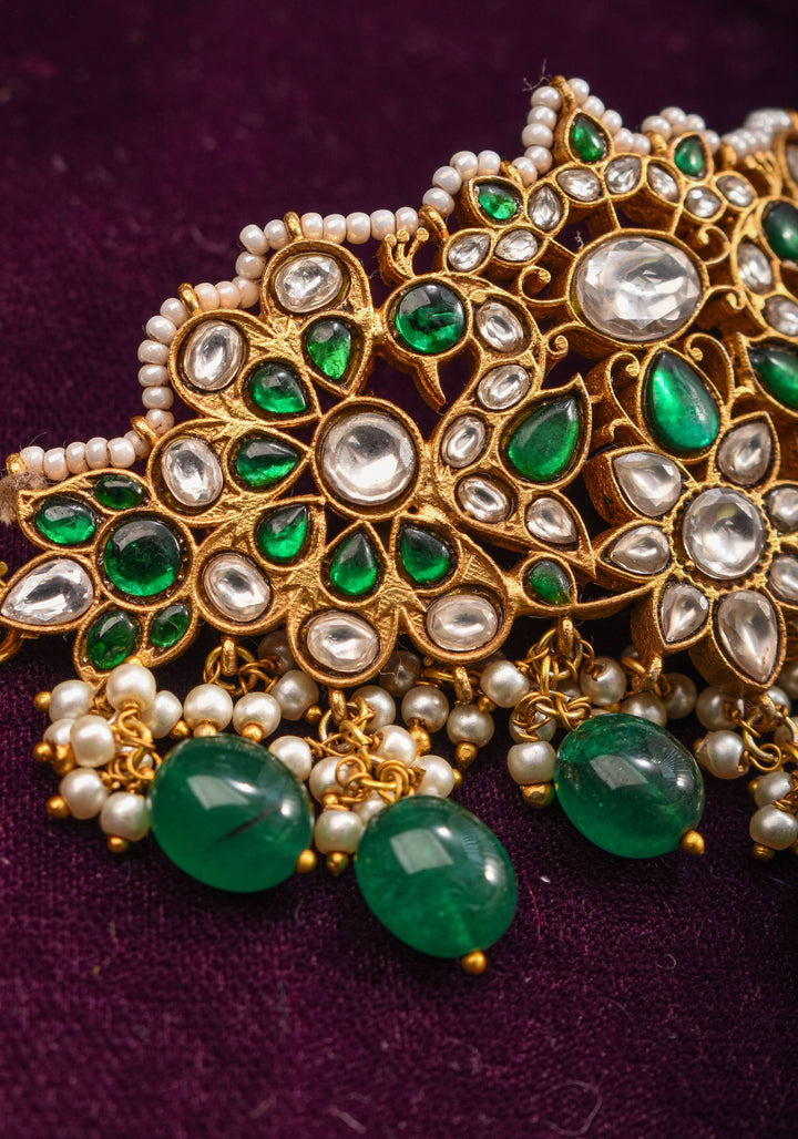 Ahmendabadi  Kundan Mini  Choker with Green dangling Beads | Shobitam Jewelry