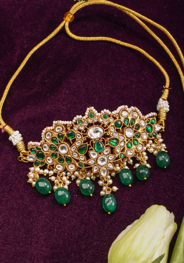 Ahmendabadi  Kundan Mini  Choker with Green dangling Beads | Shobitam Jewelry