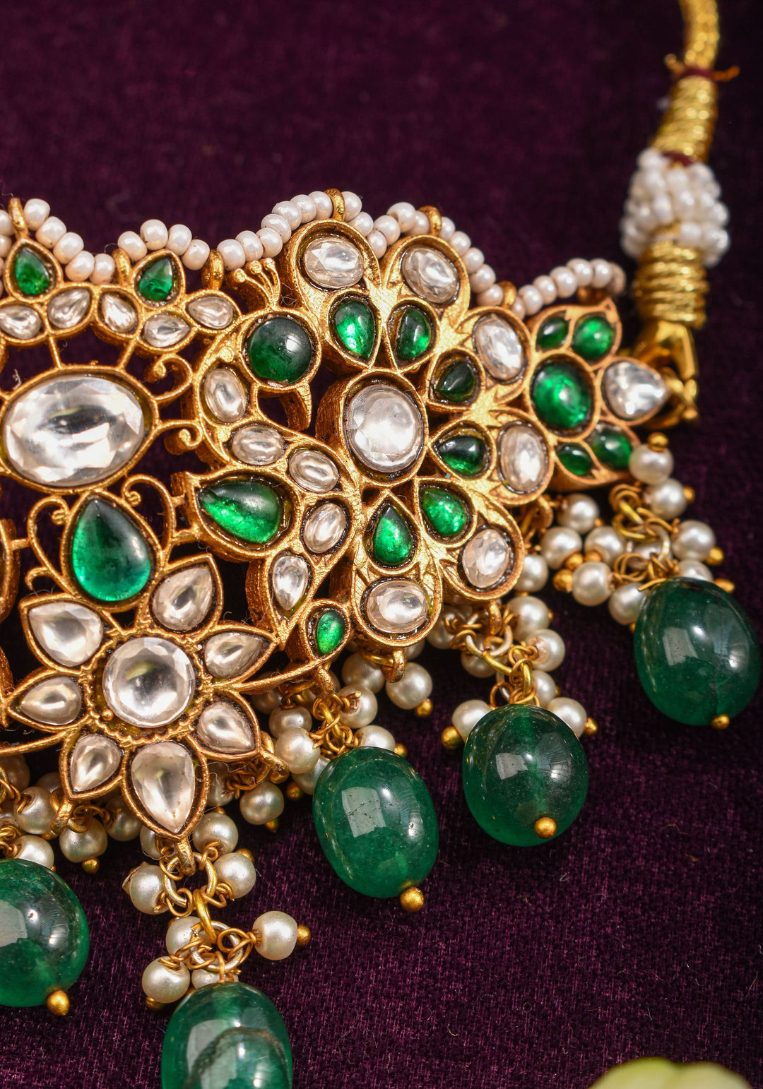Ahmendabadi  Kundan Mini  Choker with Green dangling Beads | Shobitam Jewelry