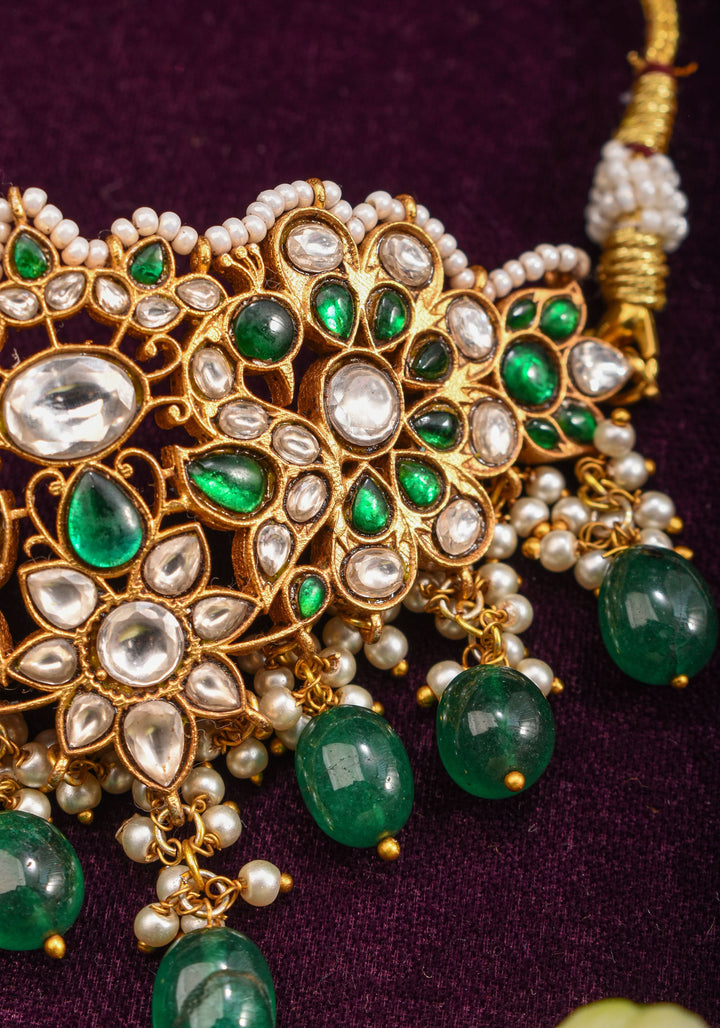Ahmendabadi  Kundan Mini  Choker with Green dangling Beads | Shobitam Jewelry
