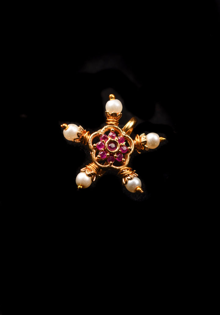 Kemp Stone and Pearl Embellished Floral Nose Ring (Clip-On)