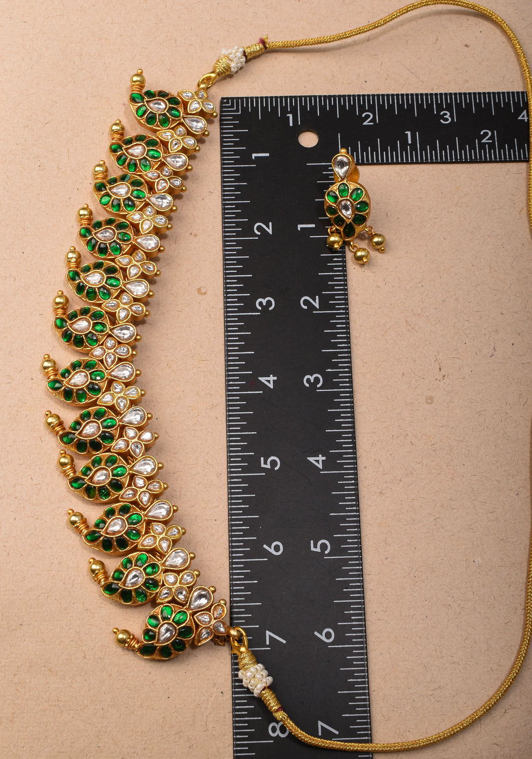 Mango Necklace Jadau Set with  White and Green Stones | Shobitam Jewelry