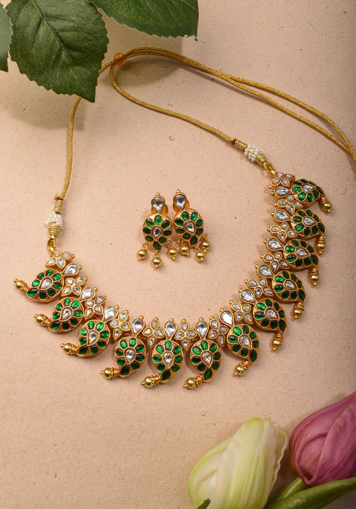 Mango Necklace Jadau Set with  White and Green Stones | Shobitam Jewelry