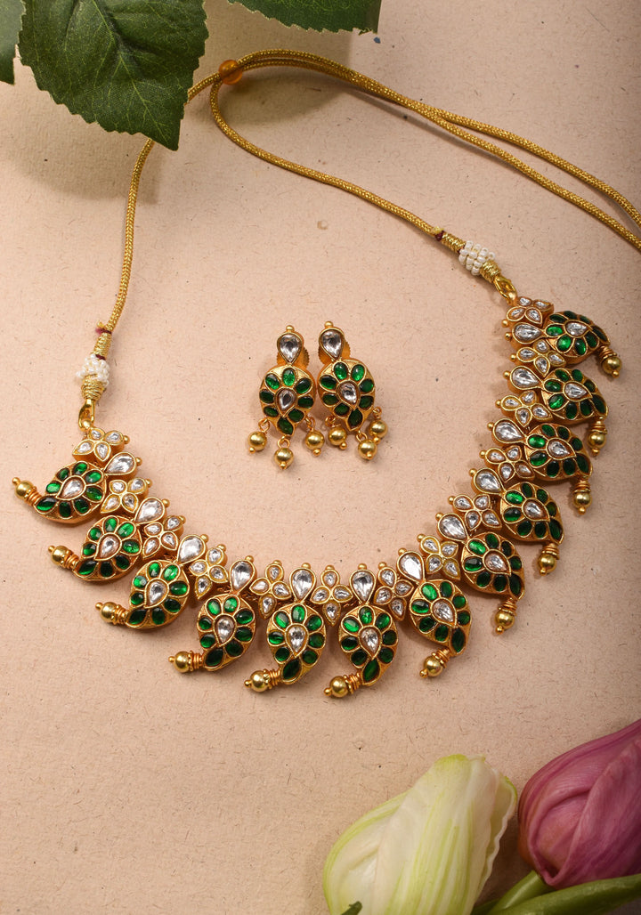 Mango Necklace Jadau Set with  White and Green Stones | Shobitam Jewelry